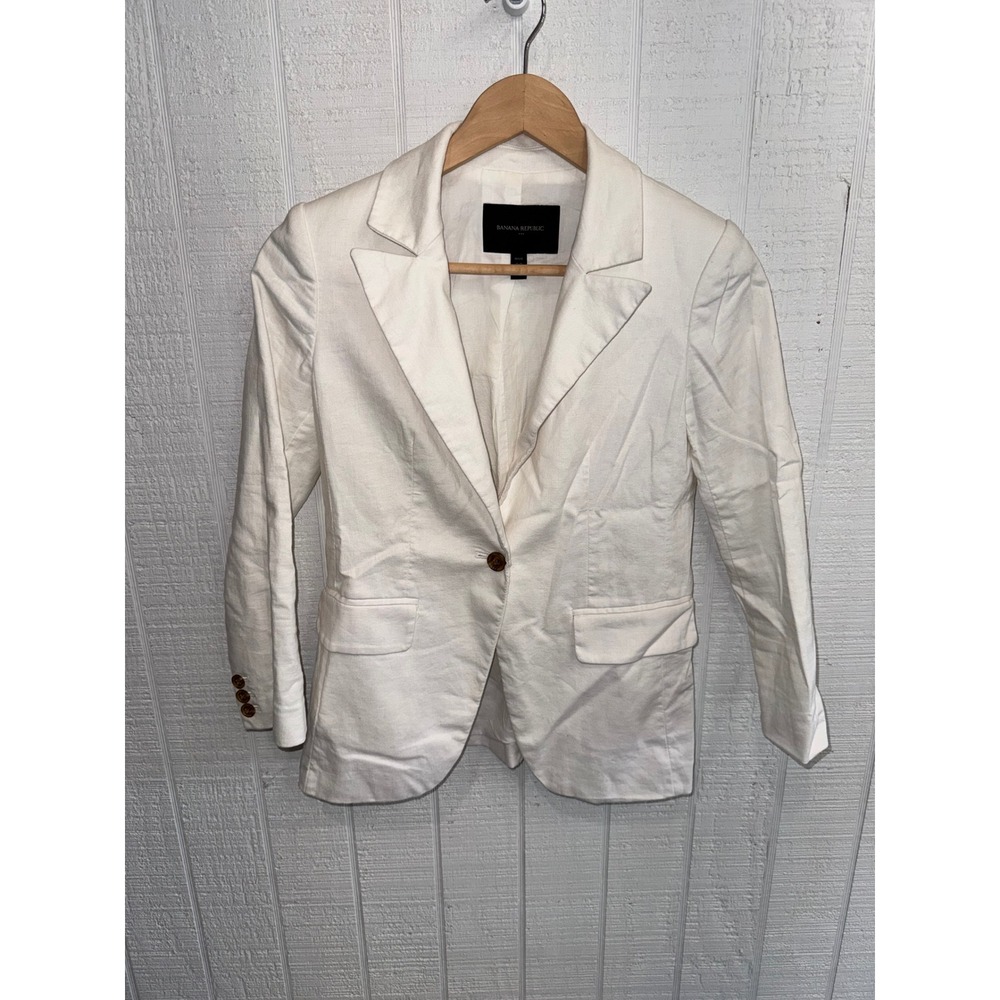 Banana Republic Blazer Women White Linen Blend Petite 00 Single Button Jacket